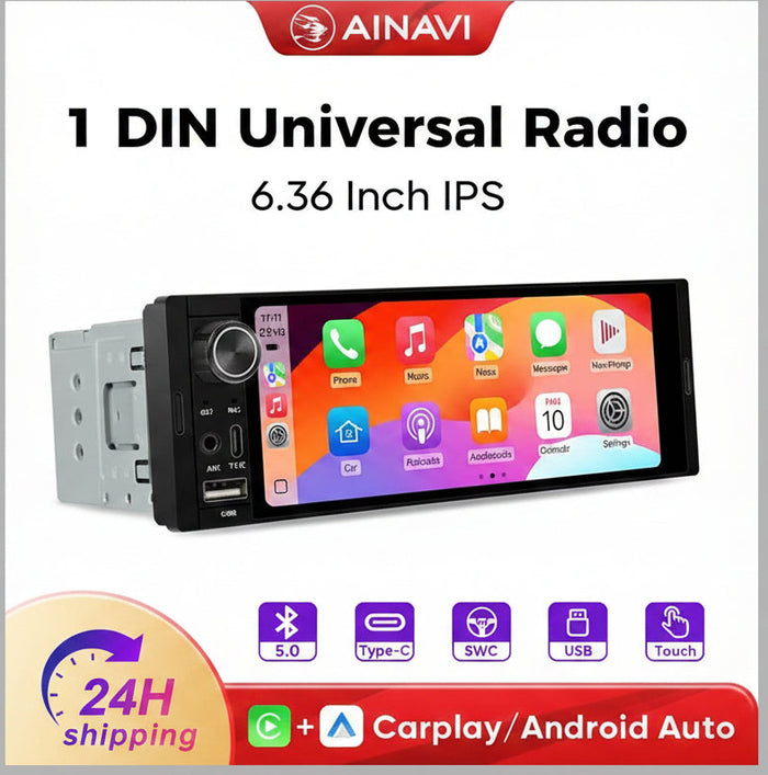 1 DIN Wireless CarPlay Car Stereo — 6.36" IPS Touch Screen & Android Auto