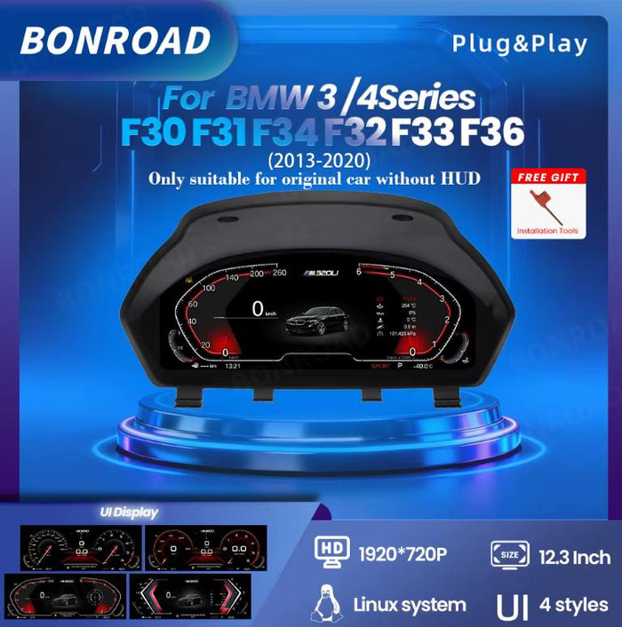 BONROAD 12.3" Digital Instrument Cluster — Wireless CarPlay & Android Auto Display for BMW 3/4 Series (F30 F31 F32 F33 F34 F36)